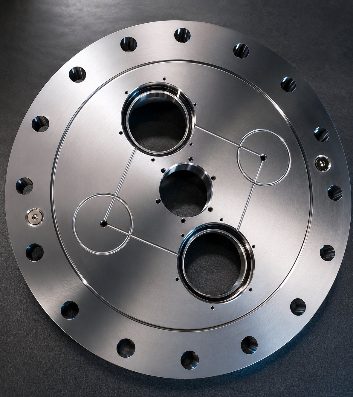 Precision-machined stainless steel flange with concentric hole patterns and tight tolerances